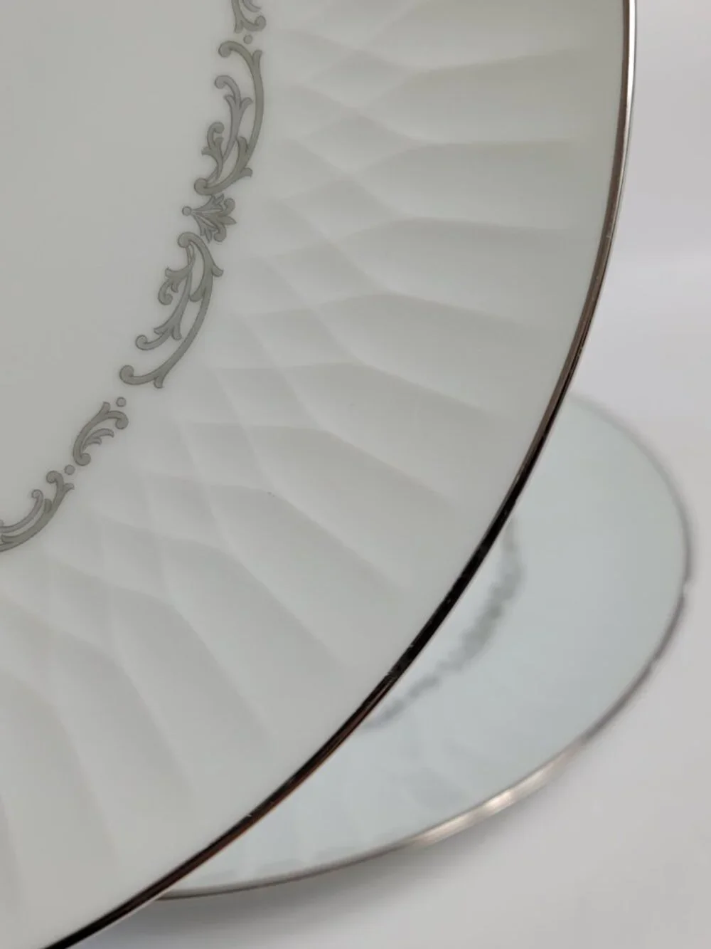TWO Noritake 6350 Camden Dinner Plates White with Gray Scrolls 10 5/8 Inch Plate